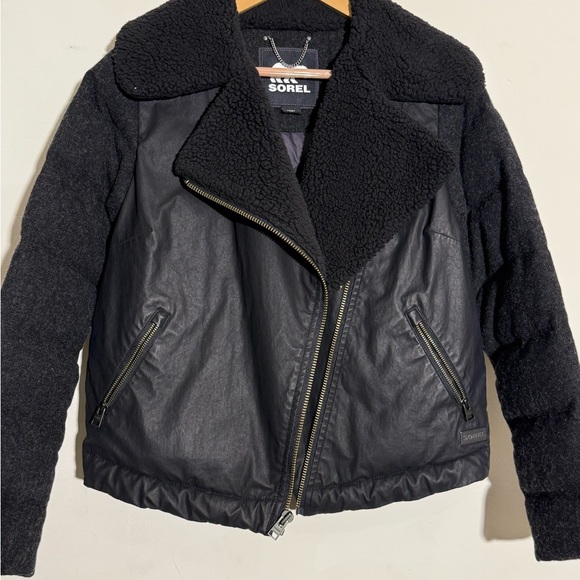 Sorel Women's Black Leather Jacket with Textured Sleeves